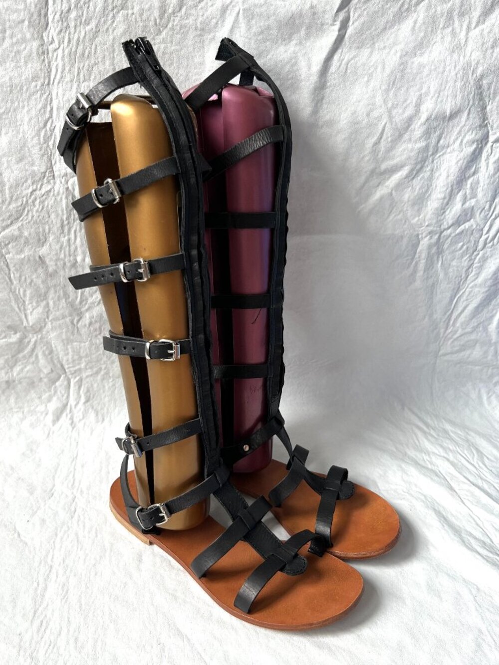 Riccianera gladiator sandals knee high black leather 38 7.5 zip up buckles strap